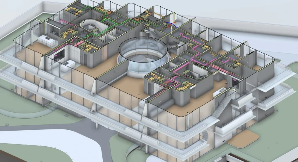 Architectural BIM model developed in Revit to improve building design, documentation, and multidisciplinary coordination.