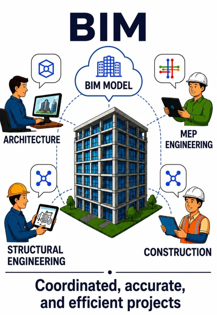 BIM coordination workflow connecting architecture, structural engineering, MEP engineering and construction through a centralized BIM model.