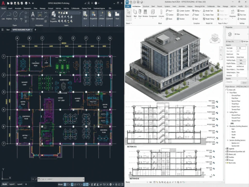 Services CAD to BIM conversion transforming AutoCAD drawings into intelligent Revit models for improved project coordination and digital construction.