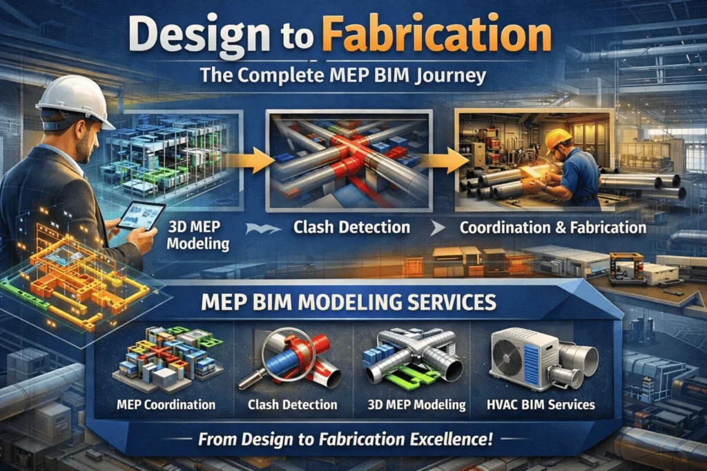 MEP BIM model integrating mechanical, electrical, and plumbing systems to improve coordination, clash detection, and construction efficiency.