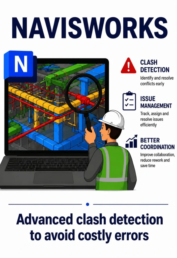 Autodesk Navisworks clash detection and BIM coordination for identifying conflicts before construction begins.