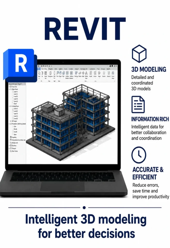 Autodesk Revit 3D building model for coordinated BIM modeling, documentation and intelligent construction planning.