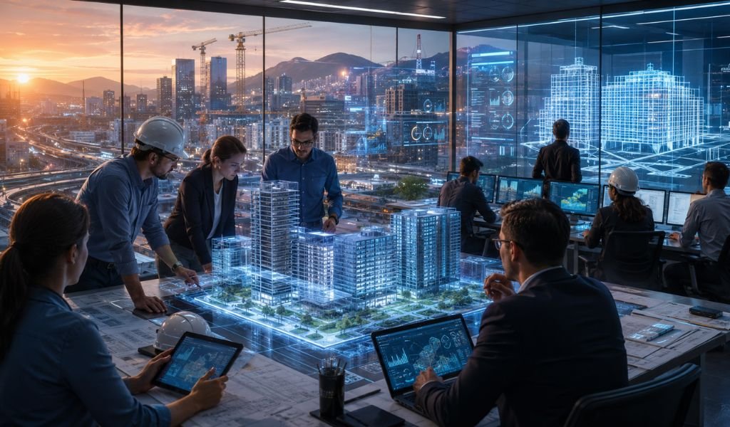 BIM coordination team reviewing a 3D digital construction model for a multi-building urban development