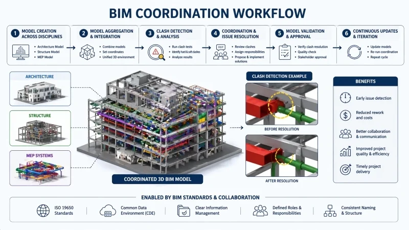 How BIM Coordination and Clash Detection Are Reducing Rework in Construction bim workflow stages with 3d models